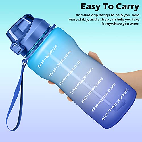 Ahape Gallon Motivational 64/100 oz Water Bottle with Time Marker & Straw, Large Daily Water Jug for Fitness Gym Outdoor Sports, Remind of All Day Hydration, Leak Proof, BPA Free (blue+purple, 64oz)