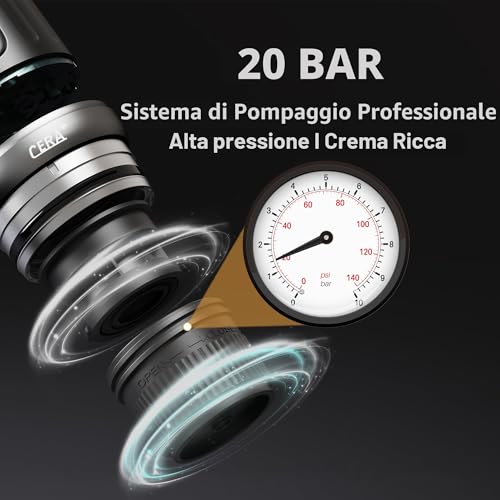 CERA+ Epresso Self-Heating Portable Coffee Machine, Up to 8 Cups for Charging & 20Bar, 3 x 4500 mAh, CERApresso Compatible with NS Ground Coffee, Electric Coffee Machine, Camping Office, Car
