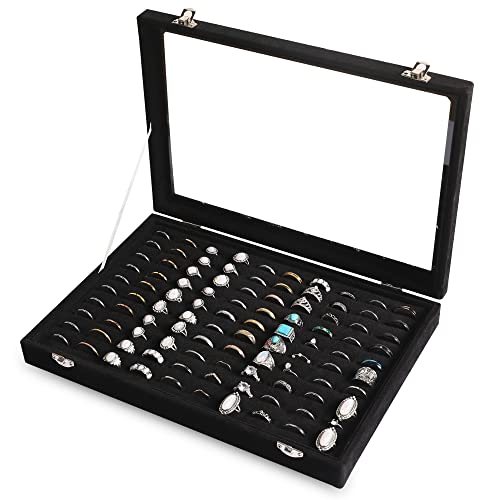 Frebeauty Ring Organizer Tray 100 Slots Ring Holder with Clear Lid Velvet Storage Box Jewelry Tray for Jewelry Store Earring Display Case for Jewelry Show Studs Box for Women(Black)