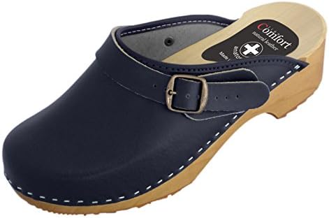 Women's Natural Leather Clogs with Wooden Sole and Buckle/Back Strap, Various Colours