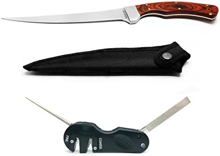 Fish Fillet Knife And Sharpener Bundle - 7" Stainless Steel Fixed Blade And Sheath With Multi-Function Handheld Knife, Hook and Shears Sharpener. Ideal For Fishing, Hunting, Camping or The Kitchen.