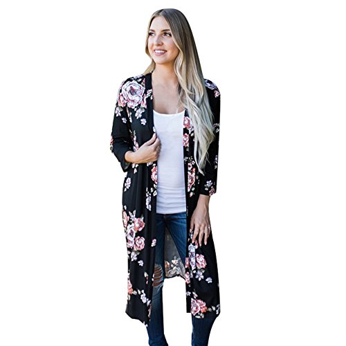 HTDBKDBK Womens Bohemia Causal Loose Flower Print Cardigan Long Kimono Oversized Shawl Deep-V Blouse Beachwear Black
