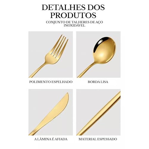 Conjunto de Talheres 24 Peças Dourado Premium Jogo de Talheres Aço Inoxidável Colheres, Garfos e Facas