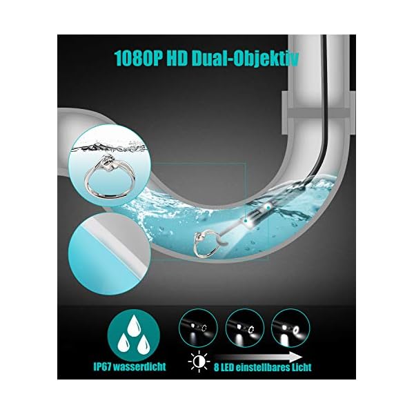 Endoskopkamera RUMIA Dual-Kameras Endoskopkamera mit 8 LEDs IP67 Wasserdicht Licht,4,3 Zoll Bildschirm Endoskop 1080P… – Bild 6