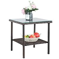 Patio Side Table Storage Outdoor PE Wicker Brown Rattan Tables Storage Patio Furniture Garden Deck Pool Glass Top Tea Table Metal-Brown