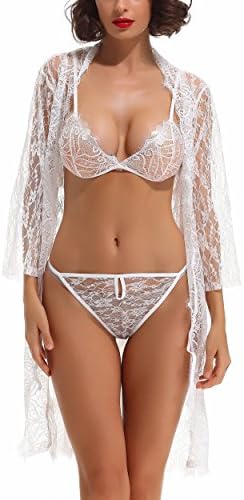 Fantacharm Women's Sexy Lace Lingerie Night Dressing Robe Chemises Sleepwear, Set of 4, White, Large
