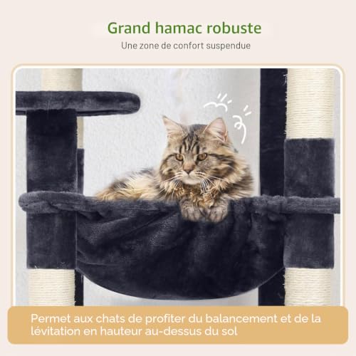 Globlazer Cat Tree 137 cm with Extra Large Hammock 45 x 40 cm, Large Kennels, Padded Platform, Easy to Install Indoor Cat Trees for Adult Cats, Rest Game Scratching (F53, Dark Grey)