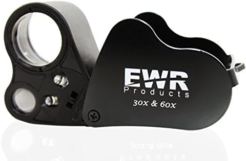 Jewelers Eye Loupe 30x & 60x Magnifier with LED Lights and Case + Extra Long Battery Life