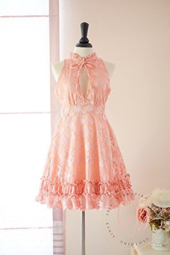 Peach lace party prom bridesmaid dresses high neck ruffle neckline dress