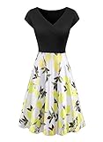 Mulysaa Womens Vintage V Neck Cap Sleeve Floral Print Patchwork Casual Swing Dress with Pockets