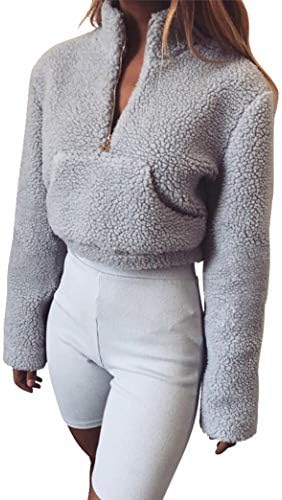Yeesea Winter Women Solid Long Sleeved Turtleneck Zipper Short Sweater Warm Pullover Crop Top with Pocket