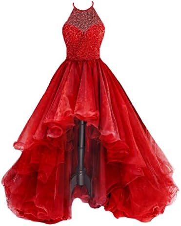 TBGirl Women's High Low Beading Champagne Organza Halter Prom Dresses