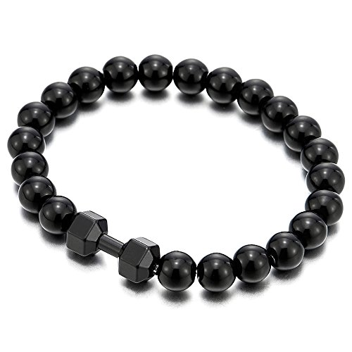Mens Boys 8MM Black Onyx Bead Bracelet with Black Barbell Dumbbell, Prayer Mala, Stretchable