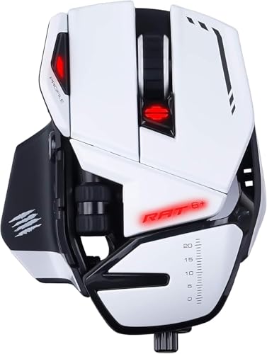 Mad Catz R.A.T. 6+ Gaming-Maus USB – Ergonomisch mit 11 programmierbaren Tasten – PixArt 3360 Sensor 12.000 DPI – Weiß mit RGB LED & Anpassbarer Daume
