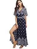 Milumia Women's Boho Deep V Neck Floral Chiffon Wrap Split Long Maxi Dress Navy Medium