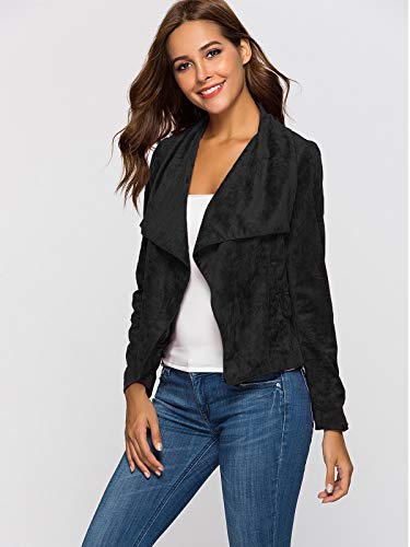 Escalier Womens Suede Leather Jacket Open Front Lapel Cardigan Blazer Jackets Black S - Thumbnail 2