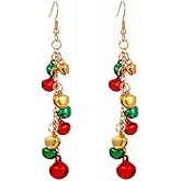 Gold Plated Red Green Christmas Jingle Bell Tinkle Bell Cute Ornament Long Chain Dangle Earrings for Women Fish Hook Dangling Hanging Hypoallergenic Xmas Festival Party Jewelry Gift for Bff Her Daughter