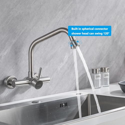 ONECE Wall Mounted Kitchen Tap with 2 Modes, Wall Taps with Rotating Nozzle, Single Lever Mixer Tap for Sink 360° Rotating, Stainless Steel 304, Removable Aerator