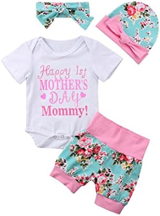 iumei Happy First Father's & Mother's Day Outfits for Baby Girls Onesies+Shorts+Headband+Hat