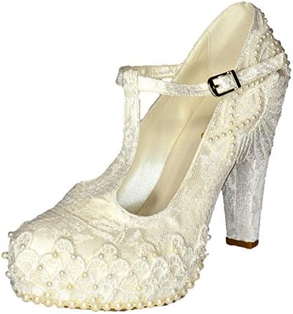 Ladies Bridal High Heel T Bar Shoes LACE & Pearls Embellished Block Heel Ivory Size 3-7