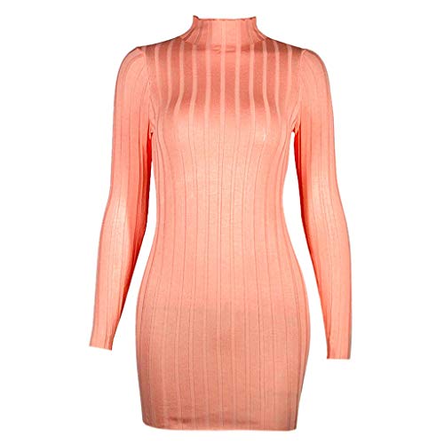 Aunimeifly Women's Bag Hip Slim Solid Color Striped Dress Autumn Winter Stylish High Neck Body-con Mini Dresses Pink