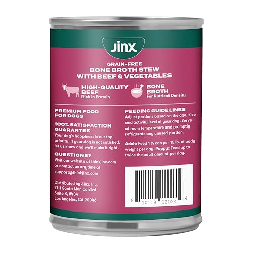 JINX BONE BROTH STEW FOR DOGS – BEEF & VEGETABLES RECIPE – GRAIN-FREE WET DOG FOOD & TOPPER FOR PICKY EATERS – PROMOTES LEAN MUSCLE GROWTH, A HEALTHY COAT & IMPROVED DIGESTION – 13 OZ, 12 PACK