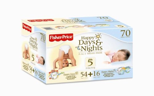 Fisher-Price Happy Days & Happy Nights Baby Diapers Value Pack, Size 5, 70 Count