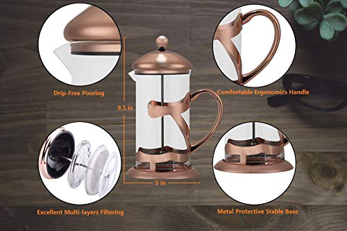 SmartHom French Press Coffee Maker 34 Oz 8 Cups, Particular Coffee Press & Tea Maker with Triple Filters & Plated Stainless Steel Base & Durable Heat Resistant Glass - Thumbnail 2