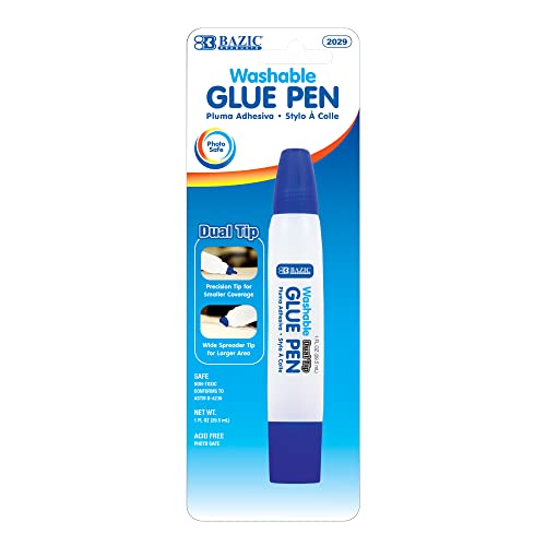 BAZIC Washable Dual Tip Glue Pen 1 Oz. (29.5 mL), Two-Way Applicator Liquid Clear Glues Bond, for Art Crafts Project at School Home Office, 1-Pack
