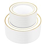 100 Pieces Gold Plastic Plates,HabiLife White Party Plates, Disposable Plastic Wedding Party Plates 50 Dinner Plates 10.2 inches and 50 Salad/Dessert Plates 7.5 inches ...