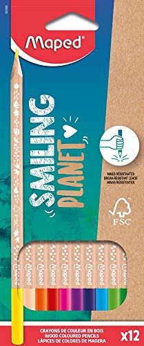 - Lápices de Colores - Colección Smiling Planet - Estuche de 12 Unidades - Minas Resistentes - Diseño Lúdico - Fabricados con Fibra de Madera Sostenible