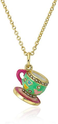 Molly Glitz Tea for Two 14k Gold-Plated Crystal Trimmed Mint Green Tea Cup Pendant Necklace Accented With Multi Color Butterflies Brass 14"/2"