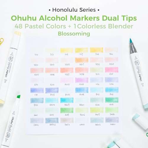 Ohuhu Marcadores de Alcohol Pastel - 48 Colores Pastel Honolulu Blossoming - Set de Doble Punta para Artistas, Adultos, Colorear e Ilustración - Puntas Pincel y Cincel - Recargables