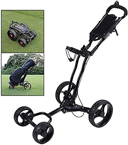 Golf Push Cart Push Cart Golf Trolley 4 Wheel, Foldable Lightweight Golf Caddy with Hand Brake, Umbrella Stand, Drink Holder, Smooth Wheel, Multi-Function Panel – Easy Installation ( Size : Black )
