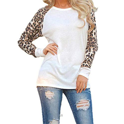 Fenido Women Casual O-Neck Leopard Patchwork T-Shirt Knits & Tees White