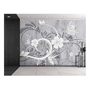 Spiral Floral Graphic on a Grayscale Grungy Texture with a Vignette Effect Around It - Wall Mural, Removable Vinyl Wallpaper, Home Decor - 66x96 inches