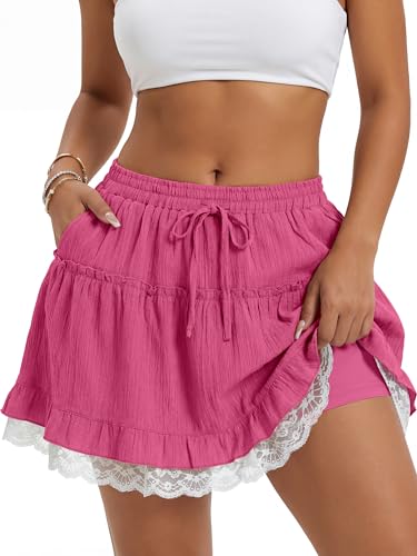 AlisOker Women's Ruffle Flowy Short Skirt Tiered Lace Mini Skort High Waist Boho Drawstring Pockets Summer Casual Shorts (XX-Large, Hot Pink) at Amazon