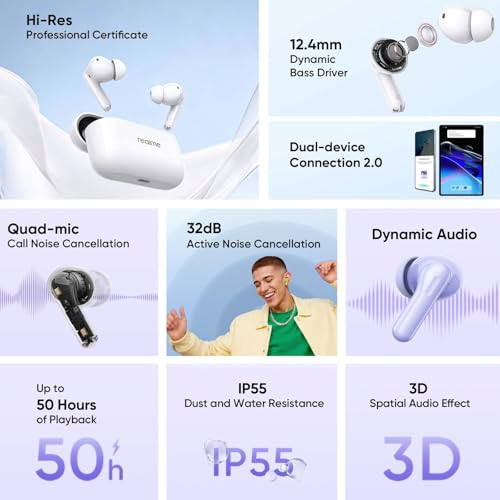 realme Buds T200 Auriculares Inalámbricos con 32dB ANC, 50H de Batería, Auriculares Bluetooth TWS In-Ear con 12,4 mm Hi-Res Audio Controlador y 3D Audio Espacial, IP55 Audífonos, Blanco