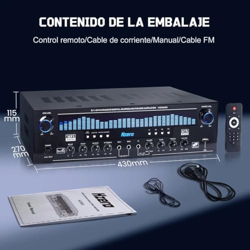 HZERO 1000W Amplificador de Audio para Casa de 5.1 Canales para Altavoces de 8-16 Pulgadas, Amplificador de Altavoces con Ventilador Inteligente Entrada Coaxial óPtica，Conectable A Subwoofer Pasivo