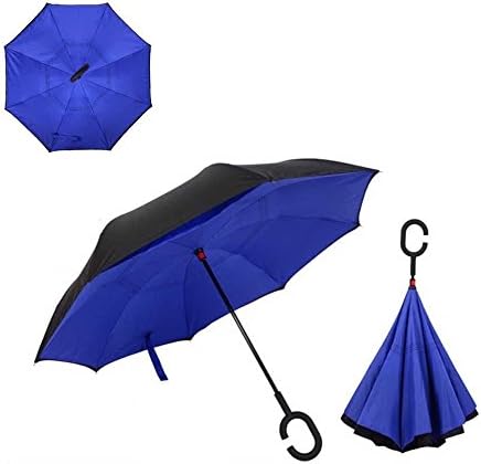 Windproof Reverse Folding Double Layer Inverted Umbrella with C shape Handle, Self Standing, Inside Out , Hand Free (Royal Blue)