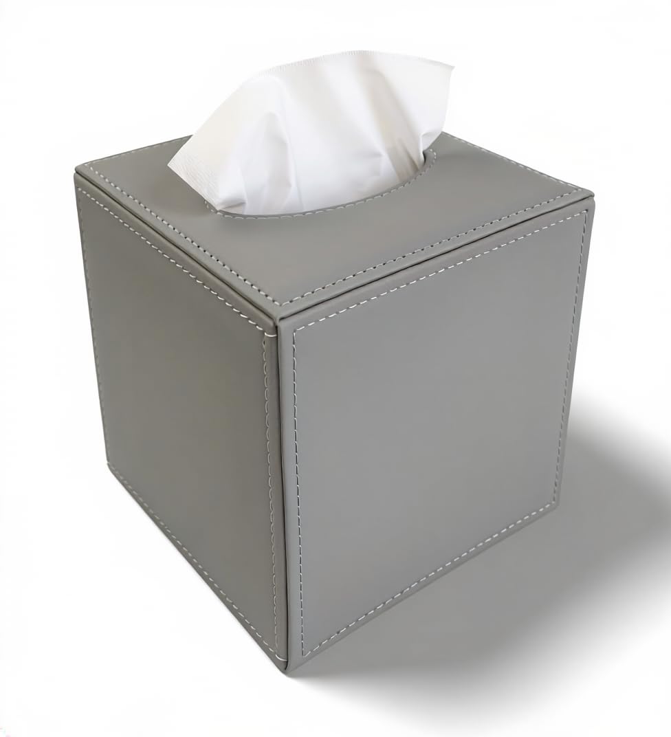 OSCO Grey Faux Leather Square Tissue Box, Elegant Tissue Holder, Napkin Dispenser for Home Office Bedroom, Premium Leather Effect Tissue Cover, Fits Standard Square Tissue Cartons, Single