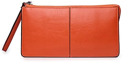 Grebago Women's Leather Wallets Zipper Closure Purse Candy Color Large Orange (Gift Box)