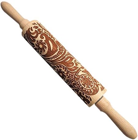 HKDGID Kitchen Wood Rolling Pin with Design Christmas Patterns Engraved Carved Embossed Baking Non-Stick Rolling Pin Tool for Kids