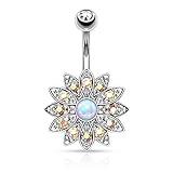 Paved Crystal Flower with Opal Center Navel Ring in 316L Surgical Steel (Silver Tone / Aurora Borealis Crystals)