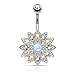 Paved Crystal Flower with Opal Center Navel Ring in 316L Surgical Steel (Silver Tone / Aurora Borealis Crystals)