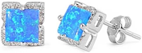 Lab Created White Opal Square Stud .925 Sterling Silver Earring