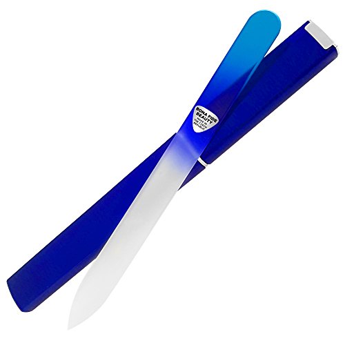 Glass Nail File with Case, Bona Fide Beauty Professional Manicure Fingernail File, Expertly Shape Nails with Gentle Precision Filing, Leaves Nails Smooth - Aqua/Cobalt Premium Czech Glass File