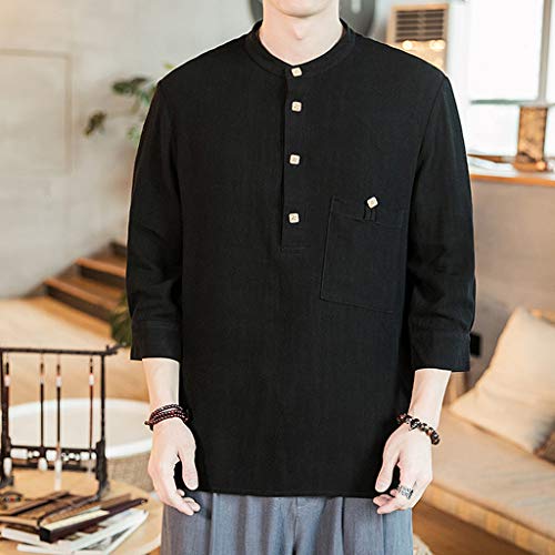 Men Linen and Cotton V Neck 3/4 Sleeve T Shirts Casual Tee Button Henley Shirts Summer Beach Top Blouse Black