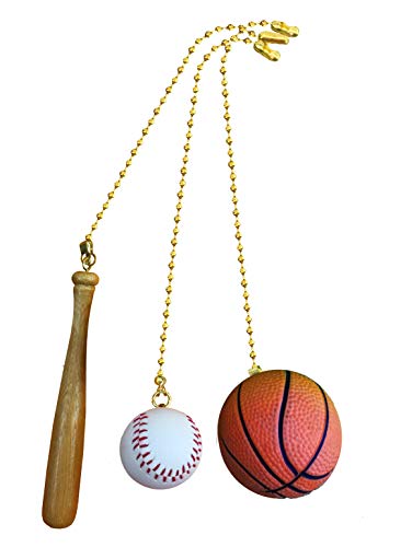 Baseball Bat, Baseball, Basketball Sports fan pull with beaded chain - 3 Pack - FA1008