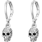 Punk Skull Dangle Hoop Earrings for Women Men Sterling Silver Plated Gothic Fashion Skeleton Head Drop Imitation Cubic Zirconia Cartliage Huggie Hoops Unisex Jewelry Gift for Friends Halloween Christmas